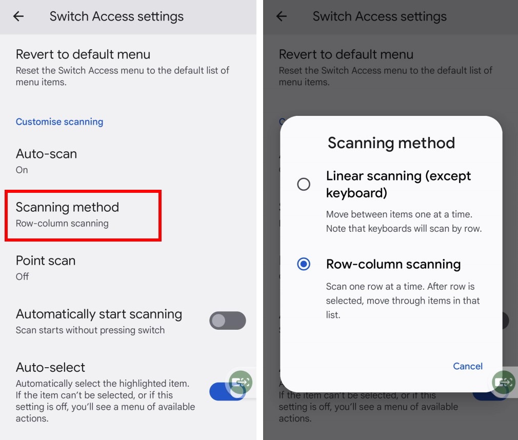 Tap Scanning method to select a new method
